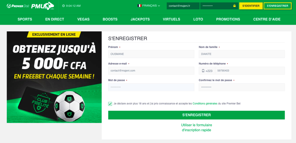 Conto di registrazione Premier Bet